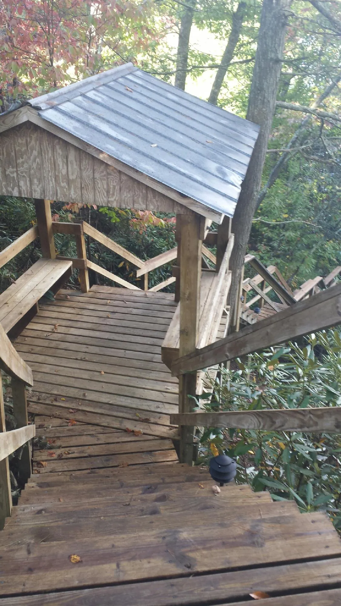 Metal roofed shelter over wooden steps on a wooded walkway — Skylight Repair & Installation work by our crew in Greenland